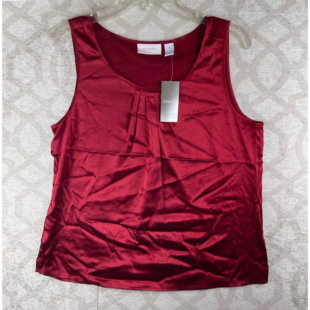 Chico's Silky Splendor Mia Red NWT Pleated Satin Tank Top Women 1 Medium